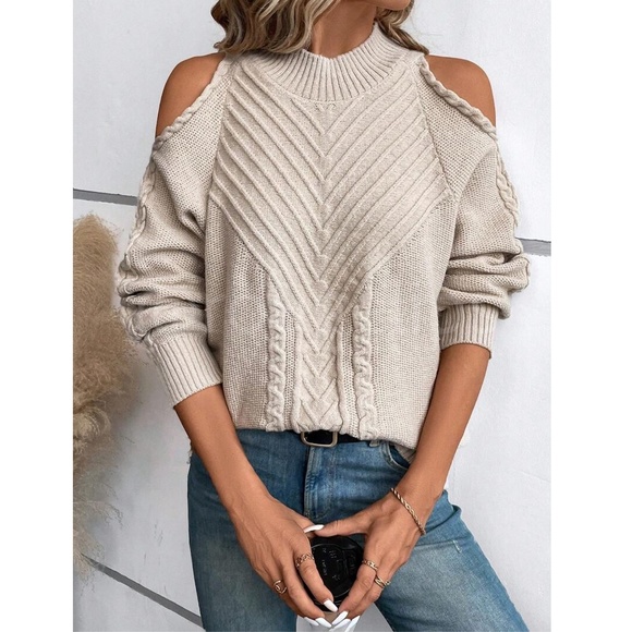 Rouge! Sweaters - Beige Cable Knit Pullover Sweater Cold Shoulder Long Sleeve